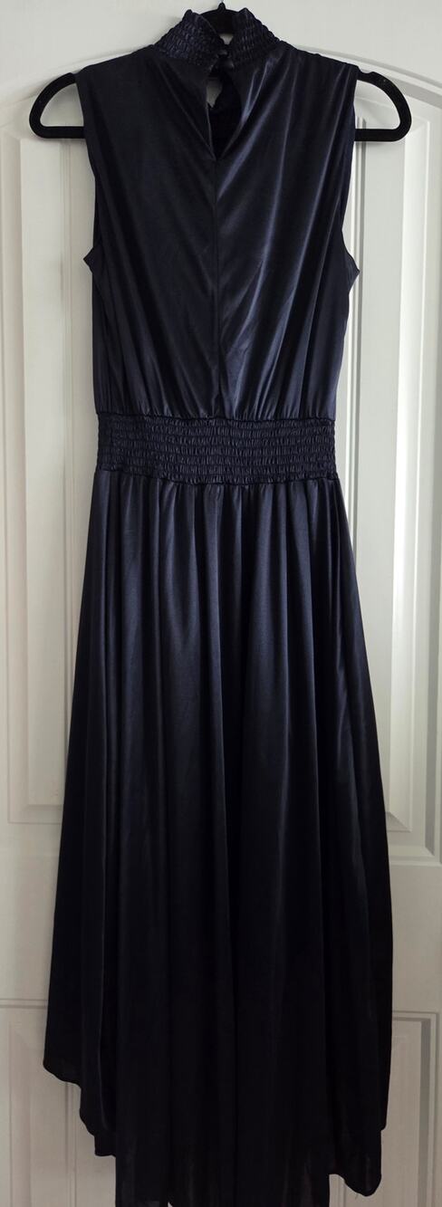 Nanette Lepore Midnight Navy Satin Smocked High Neck Pleated Dress 2 High Low